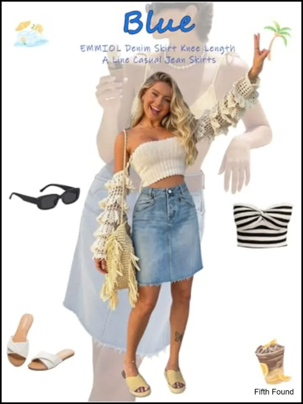 High Waist Stretchy Denim A-Line Skirt Knee Length with Pockets